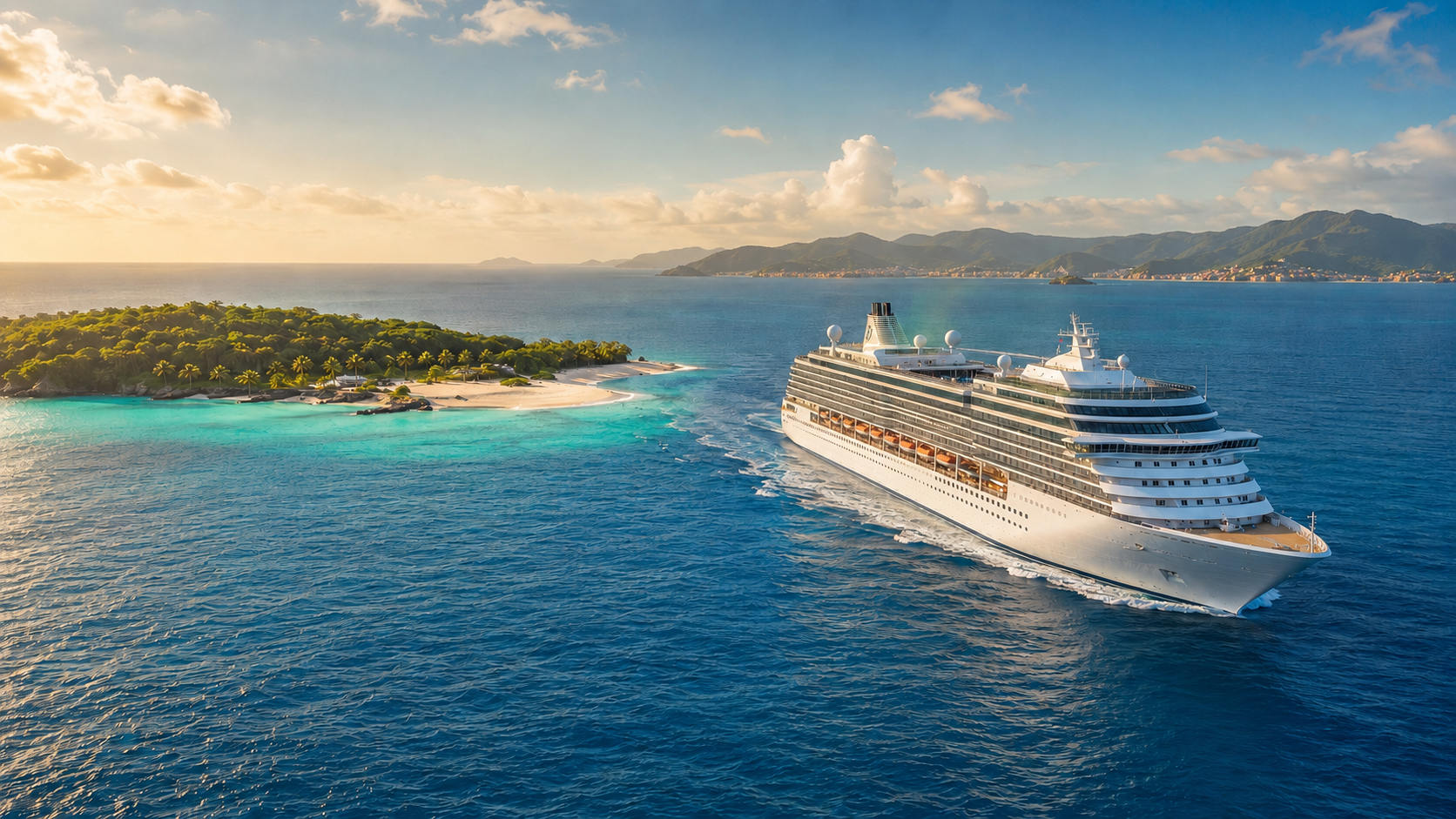 Ocean cruise ship sailing beside a private Caribbean island