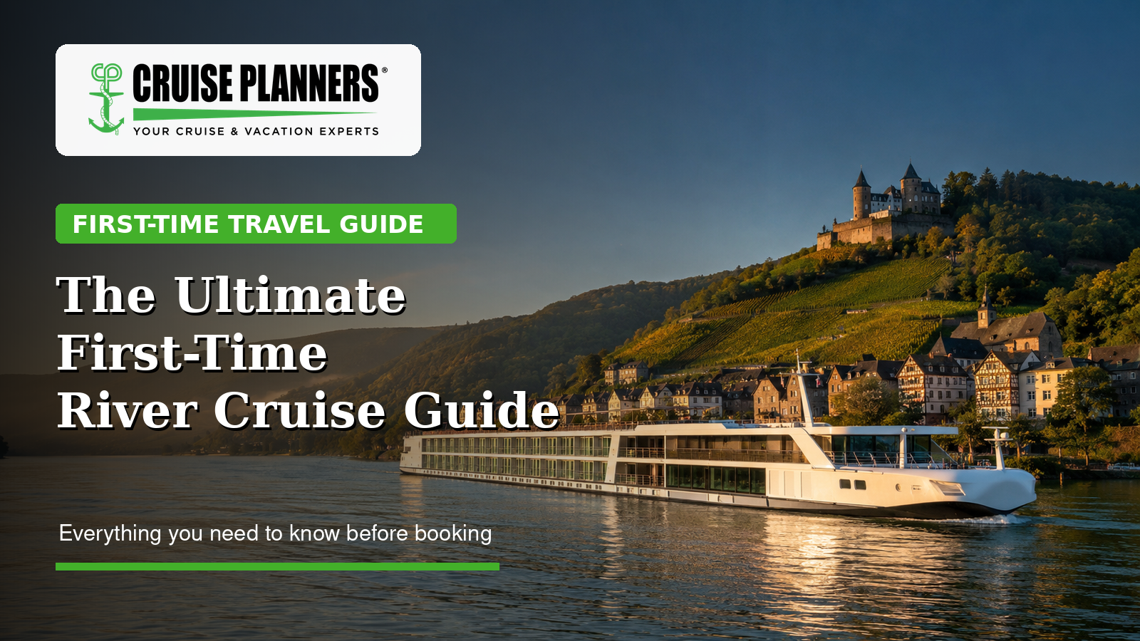 European river cruise ship sailing past vineyards, a village and a hilltop castle