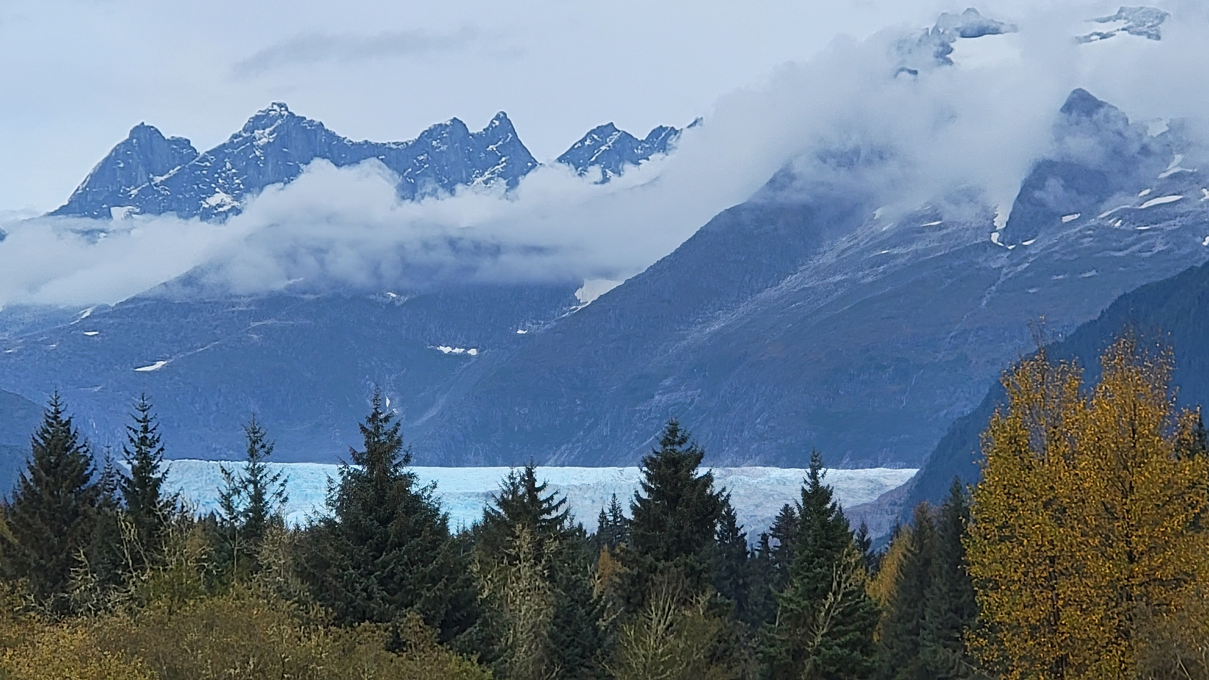 Mendenhall Glacier behind evergreen trees beneath rugged, cloud-covered mountains.